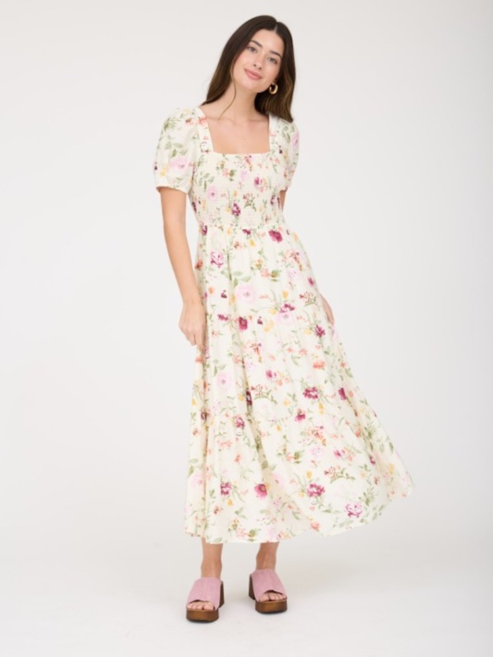 Floral Smocked Puff Sleeve A-line Midi Dress